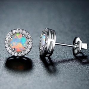 White Fire Opal Silver Plated  Studs